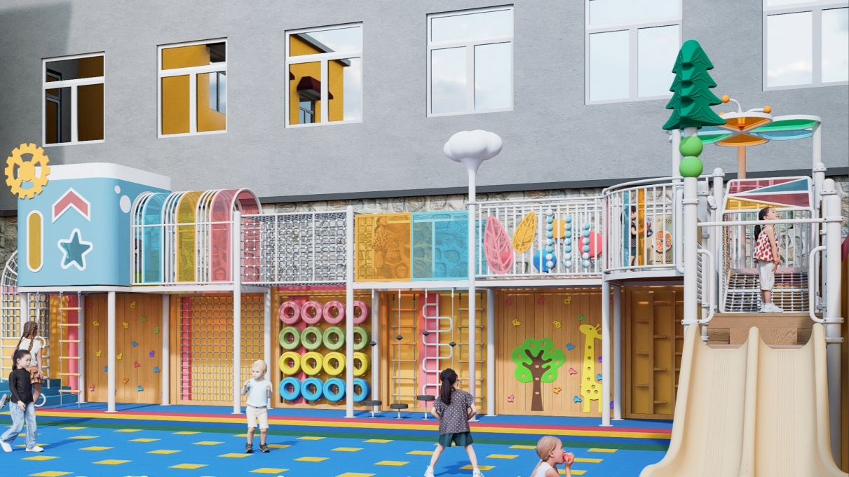 Nueva serie de juegos infantiles modernos de diseño 2026 para exteriores, con muro de escalada y paneles de juegos interactivos para niños de jardín de infancia y parques.
   