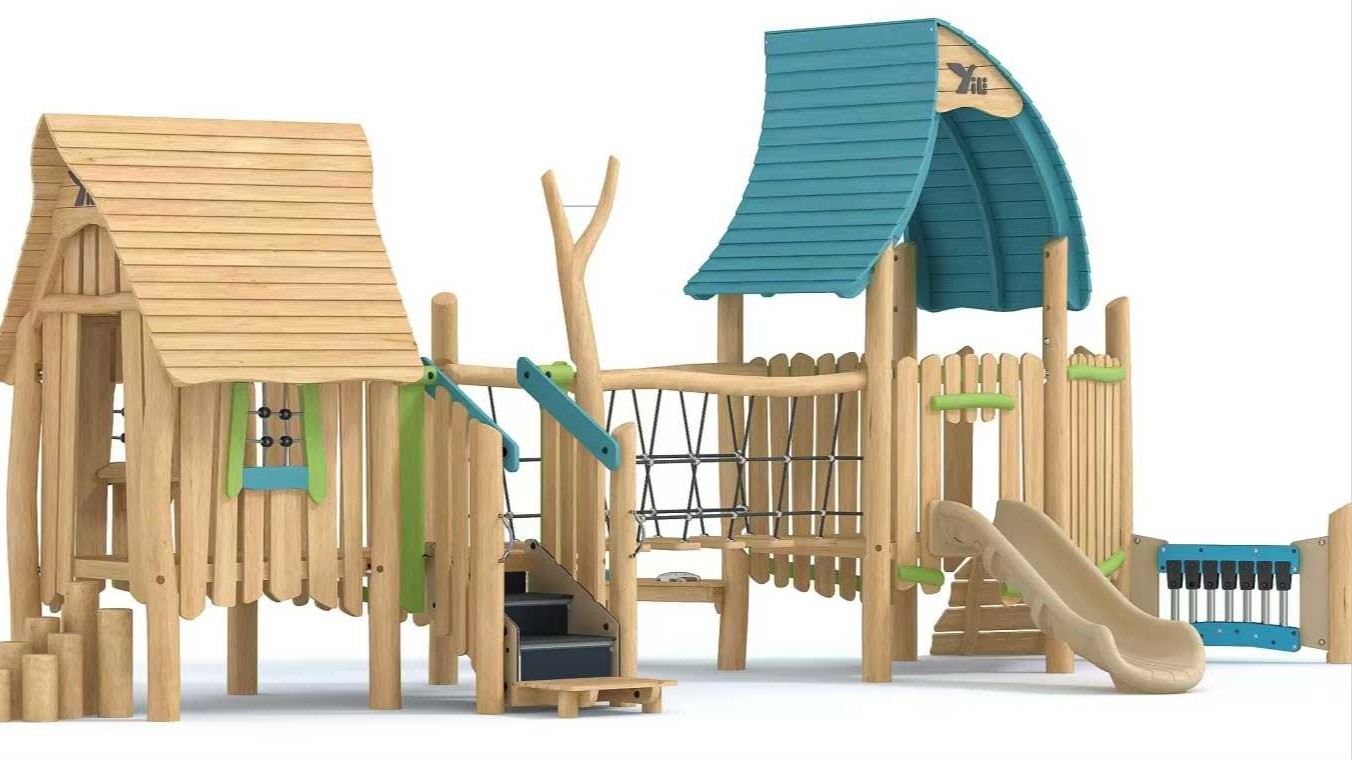 Cabaña rústica de madera en el bosque para niños, parque infantil combinado al aire libre.
   