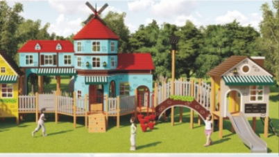 Gran parque infantil al aire libre de la serie Pueblo de Molinos de Viento Europeo | Estructura de juegos para niños tipo parque temático con casitas, puente y tobogán
   