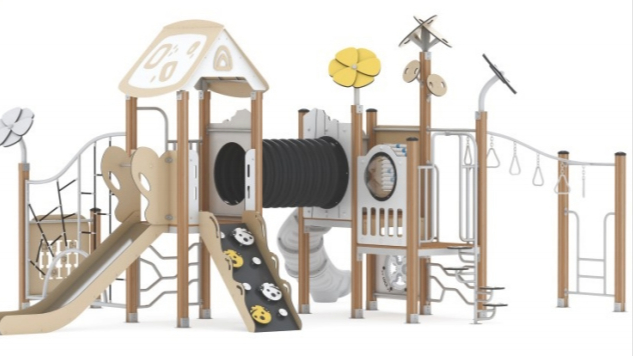 Conjunto de juegos infantiles al aire libre con temática de naturaleza
   