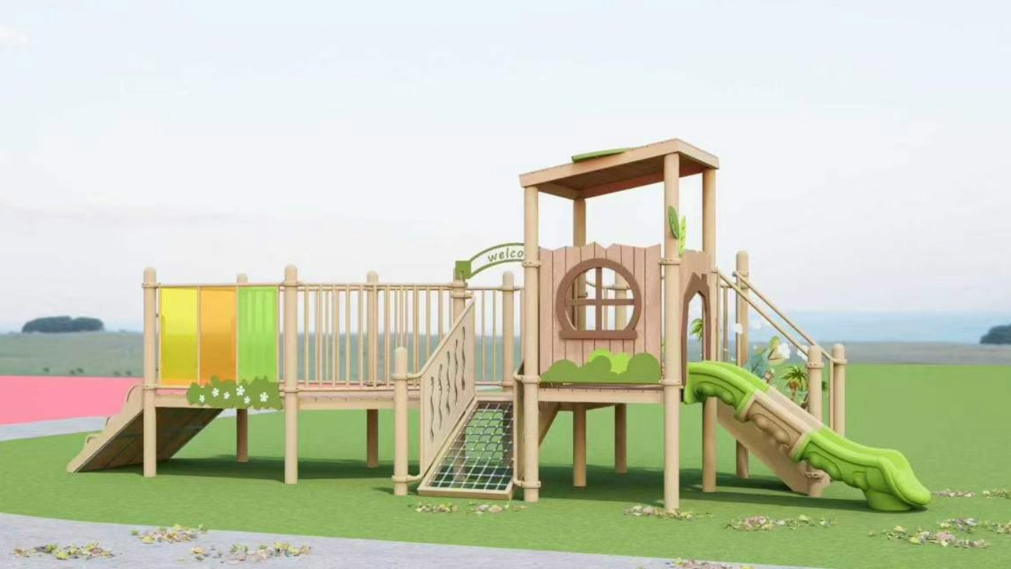 Tobogán de parque infantil combinado al aire libre con forma de casita de madera estilo bosque
   
