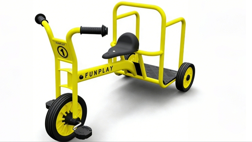Triciclo de carga resistente FUNPLAY para niños: triciclo de transporte y reparto para jardín de infancia con plataforma de carga trasera para juego cooperativo.
   