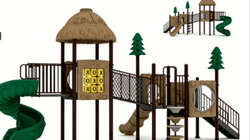 Equipamiento para parques infantiles al aire libre de la serie Bosque Inspirado en la Naturaleza | Estructura de juego infantil ecológica con acabado de madera y tobogán en espiral para parques y escu