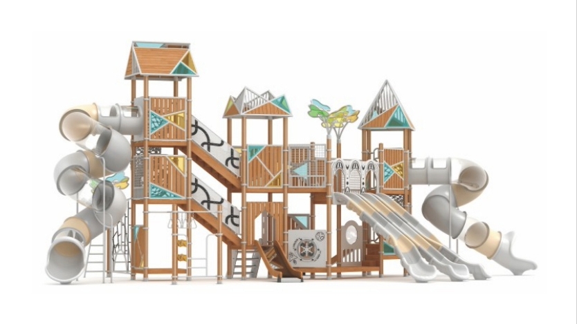 Equipamiento de juegos infantiles para exteriores de la serie Naturaleza Geométrica Moderna | Estructura de juegos infantiles con acabado de madera, túnel para gatear y toboganes para parques de diseñ