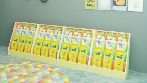 Estantería infantil de madera multinivel de nuevo diseño 2026, color macaron, expositor de libros para niños, ideal para guarderías y salas de juegos en casa.
   
