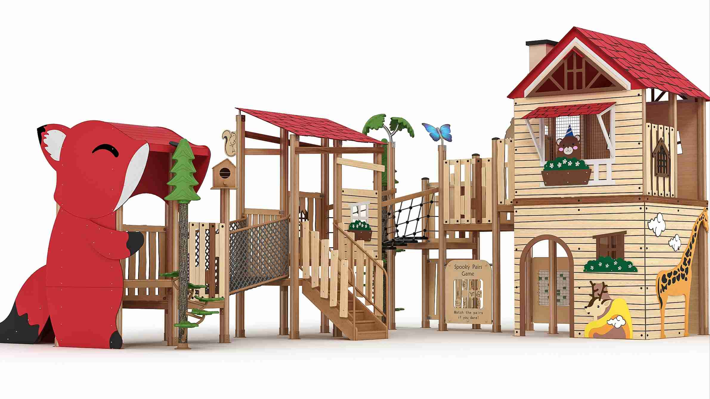 Cabaña en el bosque y tobogán exterior grande combinado con temática de zorro
   