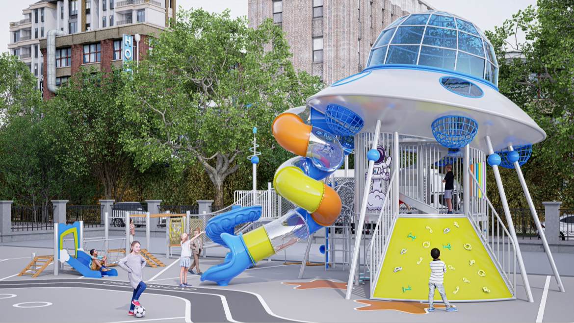 Nuevo diseño 2026: Equipo de juegos al aire libre con temática OVNI, gran tobogán con forma de nave espacial alienígena de ciencia ficción con muro de escalada para parques infantiles y centros comerc