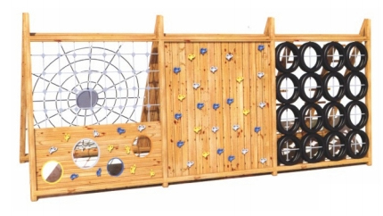 Muro de escalada modular de madera y paneles para parques infantiles multiactividad
   