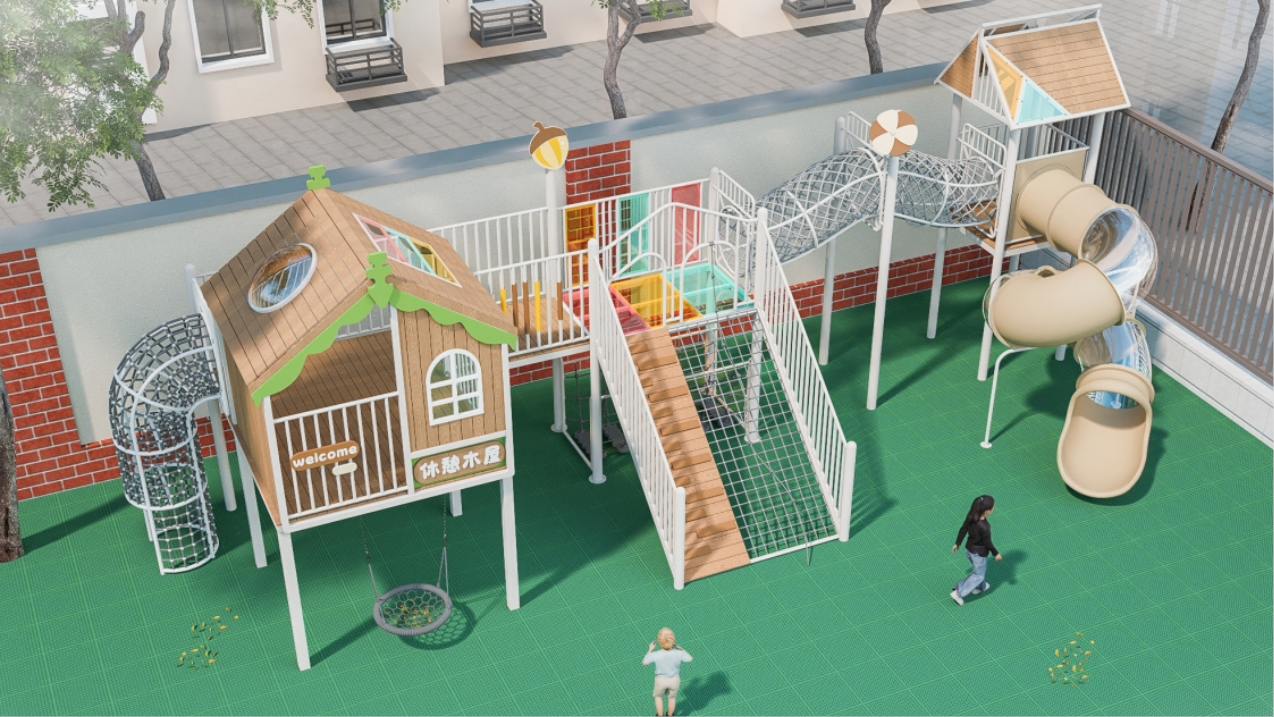 Serie Explorador del Bosque: Estructura de juegos de madera multifuncional para exteriores con tobogán en espiral y red para trepar.
   