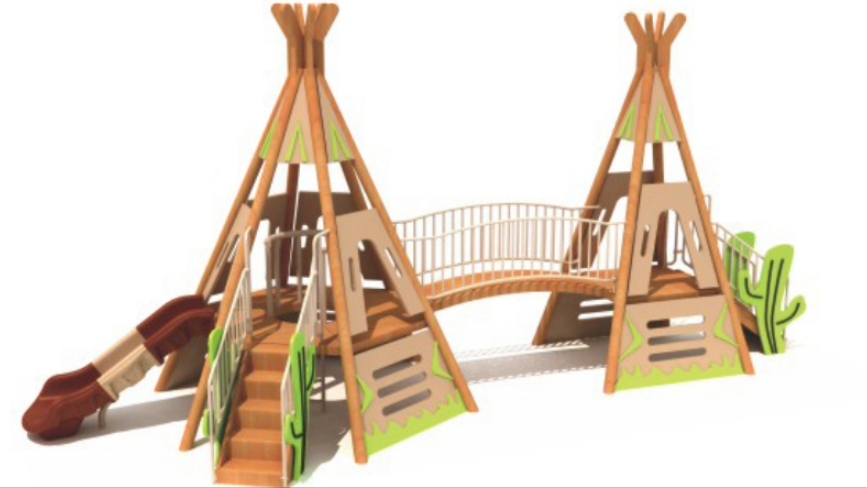 Equipamiento creativo de madera temático para parques infantiles al aire libre | Estructuras de juego personalizadas para niños con temáticas de tipis, casas rústicas y tractores para parques.
   