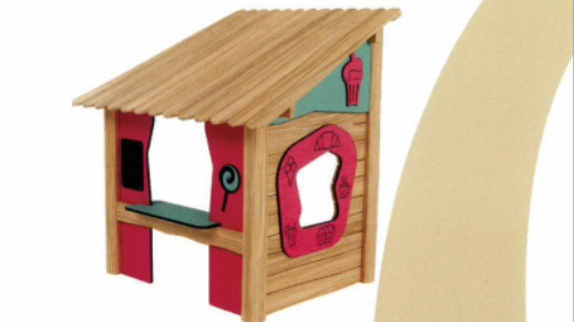 Casita de juegos infantil de madera con temática exterior y casa de juegos de rol.
   