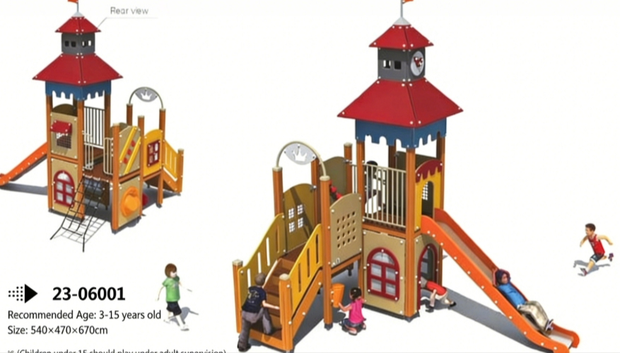 Serie Castillo Real Majestuoso: Gran área de juegos al aire libre | Estructura de juegos multinivel para niños con torre del reloj, columpios y tobogán en espiral.
   