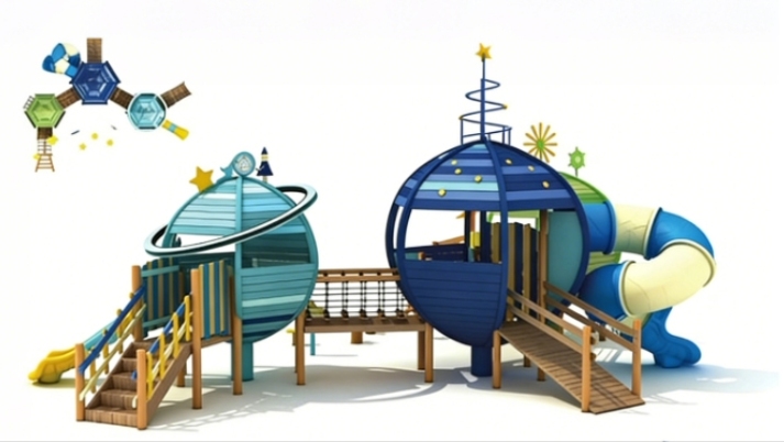 Estructura de juegos infantiles de madera para exteriores de la serie Space Explorer Rocket | Estructura de juegos comercial para niños con torre de cohete gigante y tobogán en espiral.
   