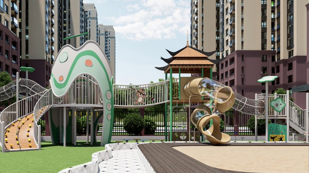 Juegos infantiles de exterior con temática china - Conjunto de juegos infantiles personalizado sin motor
   