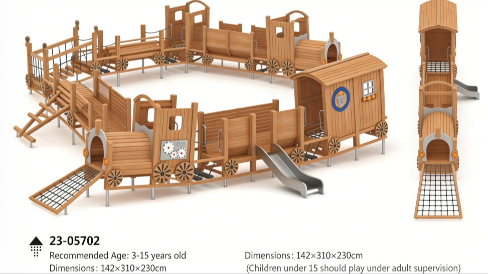 Parque infantil de madera para exteriores con diseño de tren de vapor de la serie Adventure | Estructura de juego infantil con forma de locomotora de calidad comercial, con tobogán y red para trepar, 