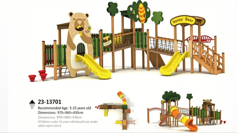 Parque infantil artístico de madera para exteriores de la serie Guardianes del Bosque | Estructuras de juego gigantes para niños con forma de búho, oso y tigre, con toboganes y redes para trepar.
   