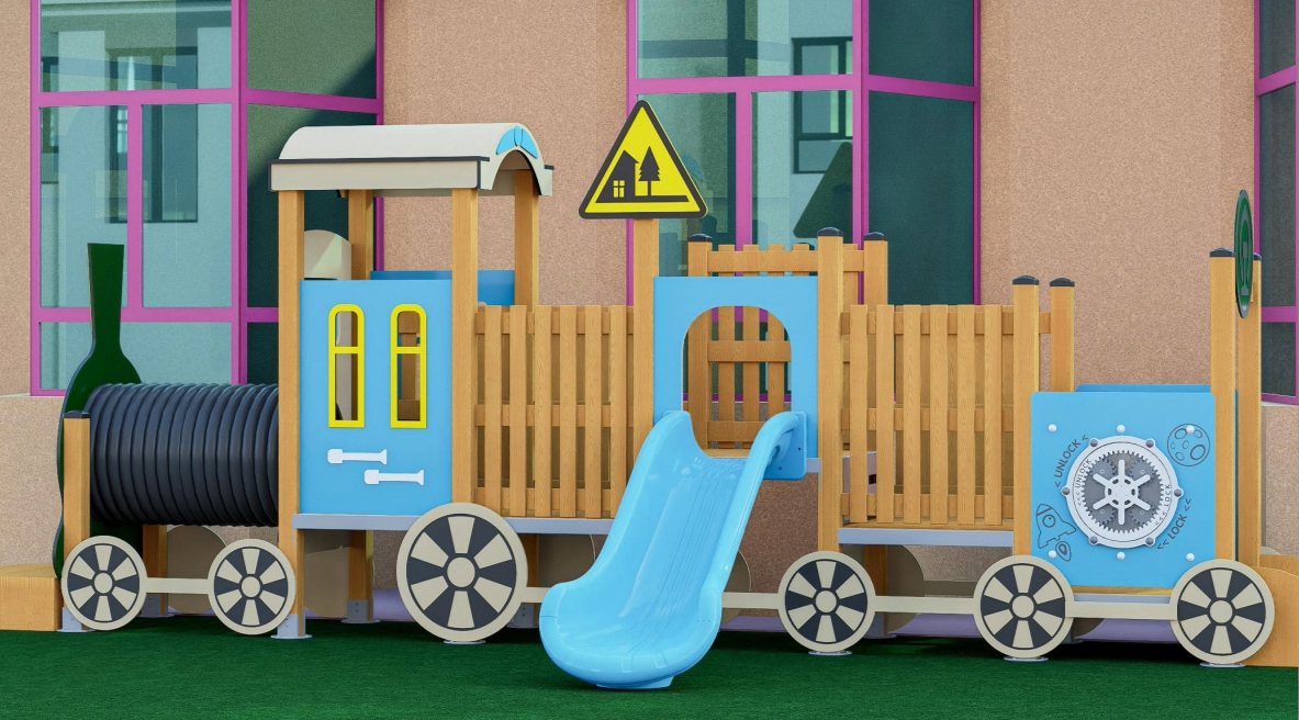 Tobogán combinado de tren en miniatura con temática de bosque
   