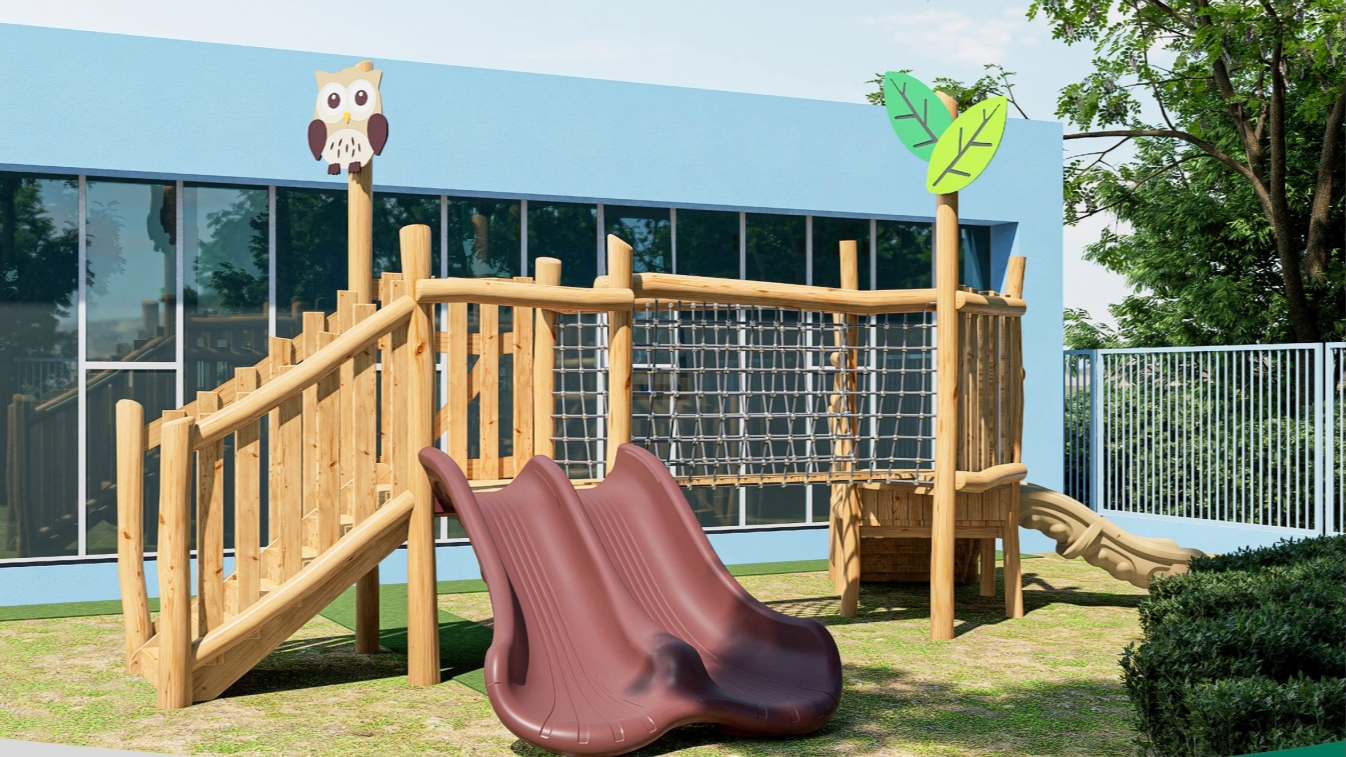 Parque infantil de madera en el bosque natural
   