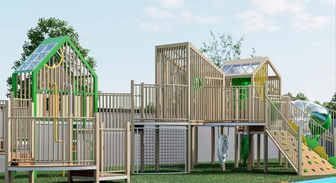 Parque de exploración infantil con casa en el árbol 