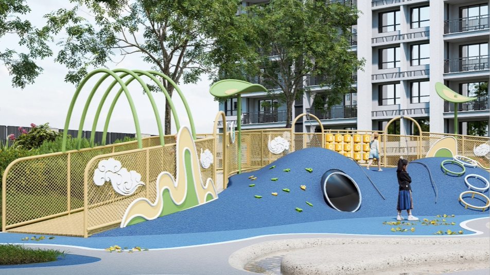 Instalaciones de juegos infantiles con microterrenos temáticos de montaña, agua y nubes
   