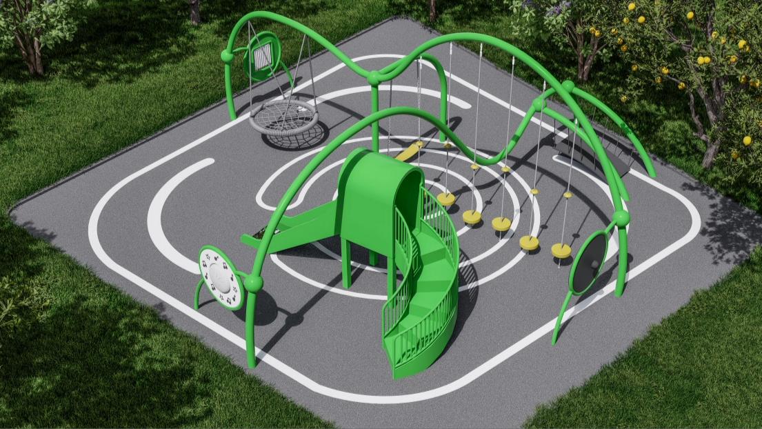 Parque infantil de aventuras Forest Wave con toboganes y desafíos de equilibrio.
   