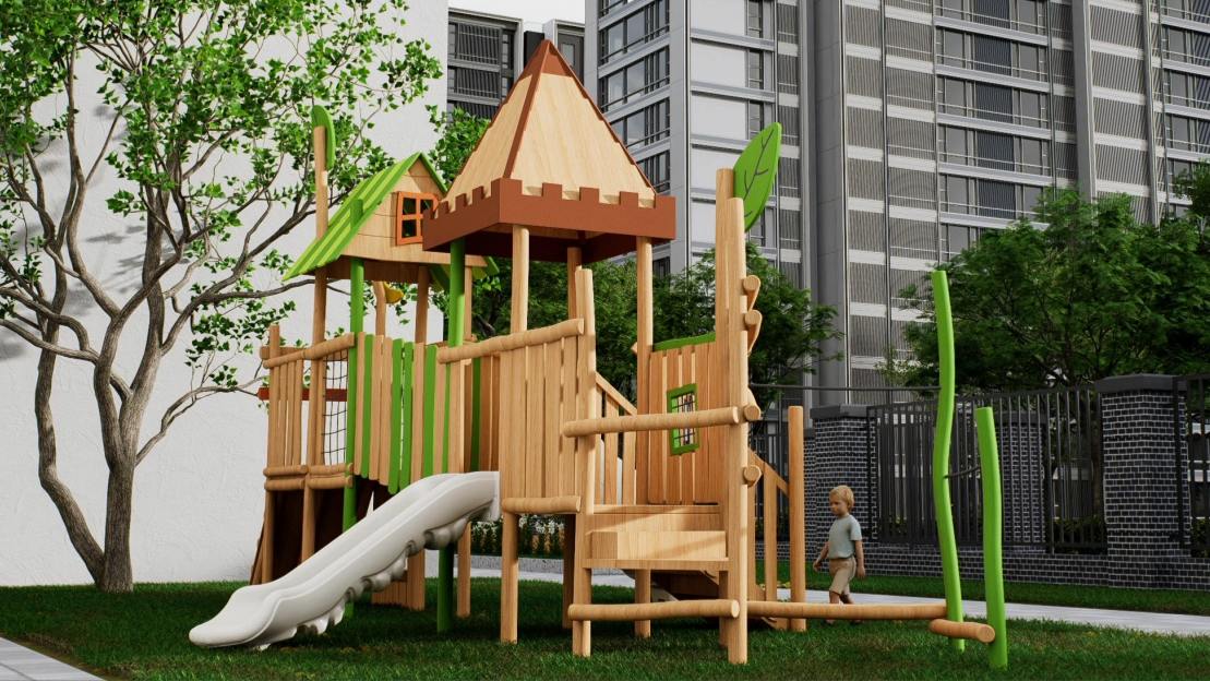 Parque infantil al aire libre con tobogán tubular y casita en el árbol en el bosque.
   