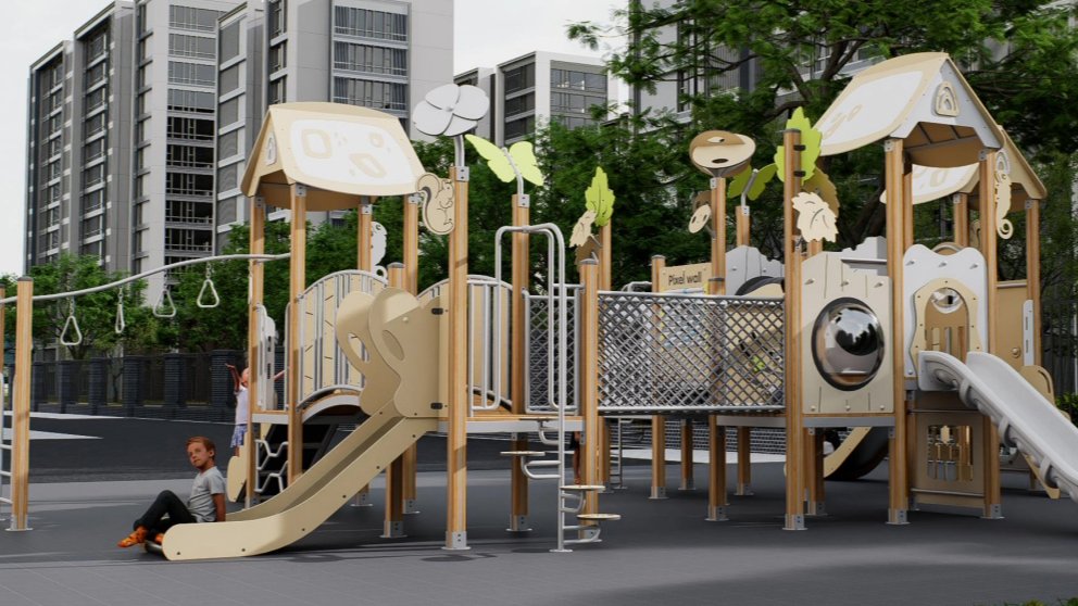Equipamiento de juegos infantiles al aire libre con temática natural, diseñado a medida, que incluye puentes y toboganes.
   