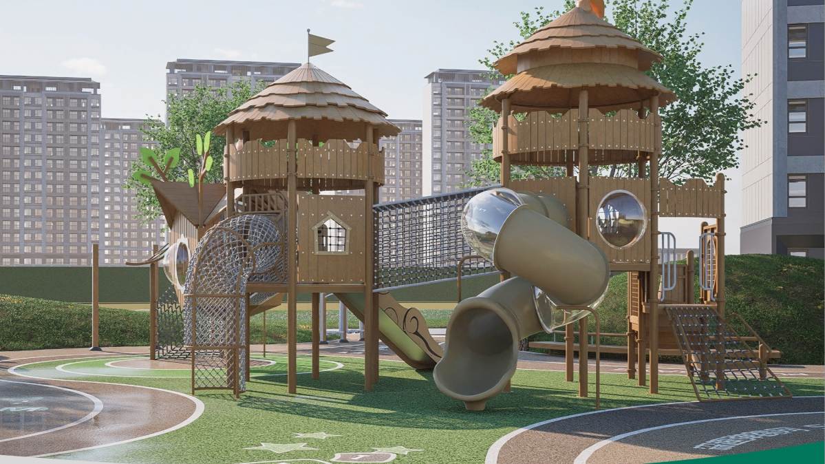 Parque infantil de aventuras con casas en los árboles del bosque
   