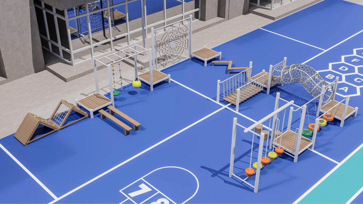 Equipamiento de Circuito de Obstáculos Exterior para Niños con Red de Escalada y Juegos de Equilibrio