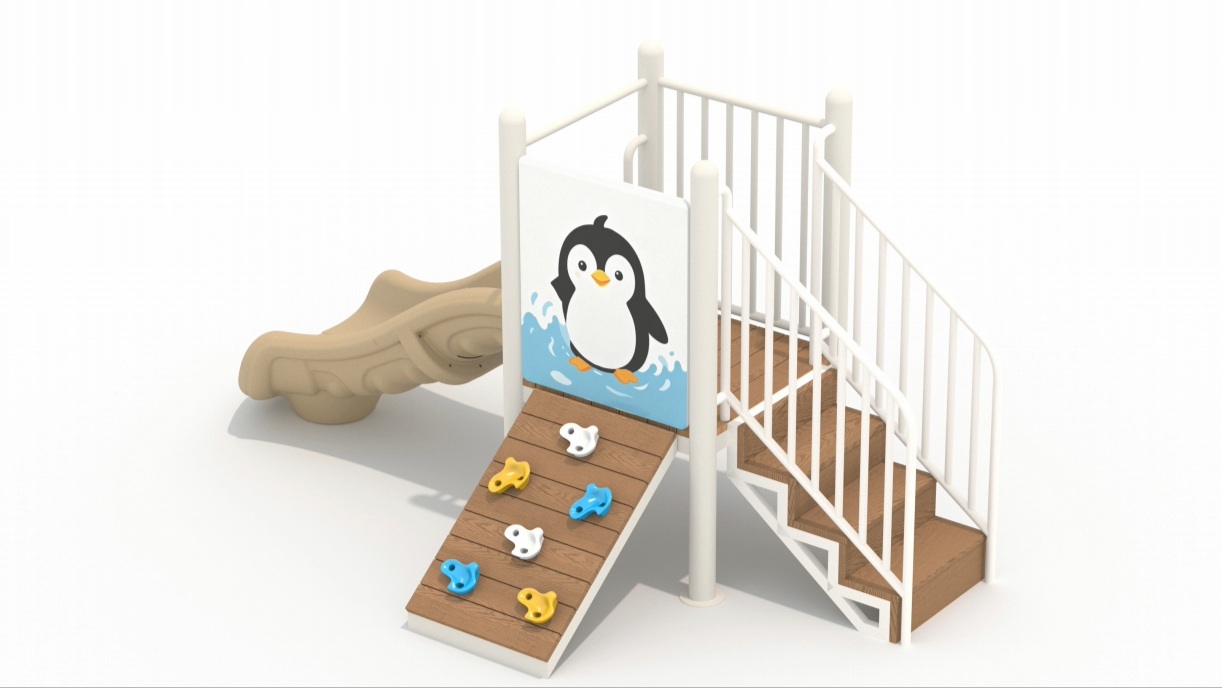 Parque infantil para niños pequeños con tobogán y rampa de escalada temática de pingüino