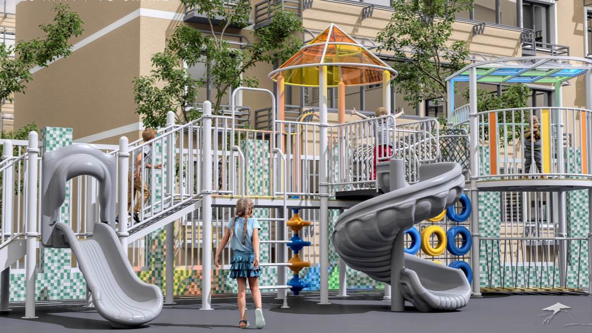 Juego Infantil Urbano con Toboganes, Puentes y Estructuras de Escalada
