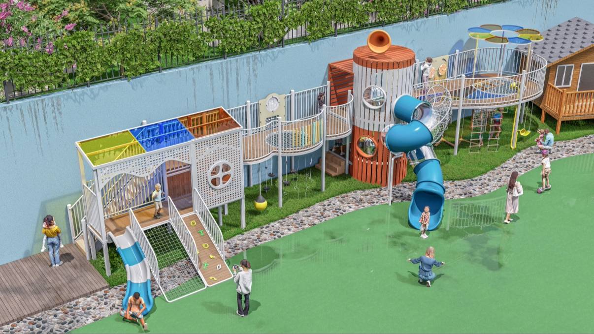 Equipamiento de Parque Infantil Exterior Personalizado con Tobogán Tubular, Red de Escalada y Estructura de Juegos para Niños