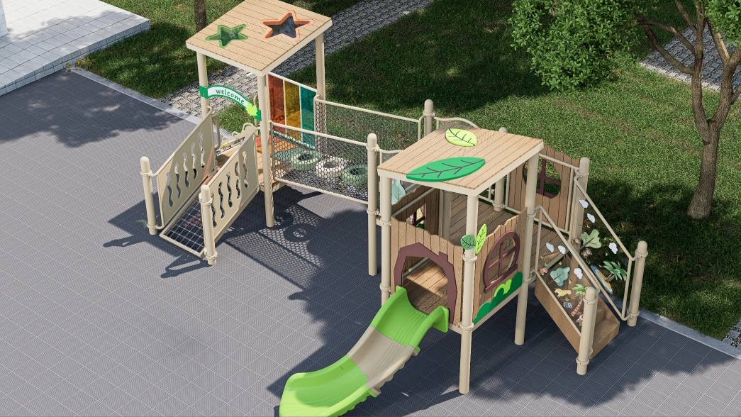 Parque Infantil Exterior Tipo Cabaña del Bosque con Tobogán y Puente de Red