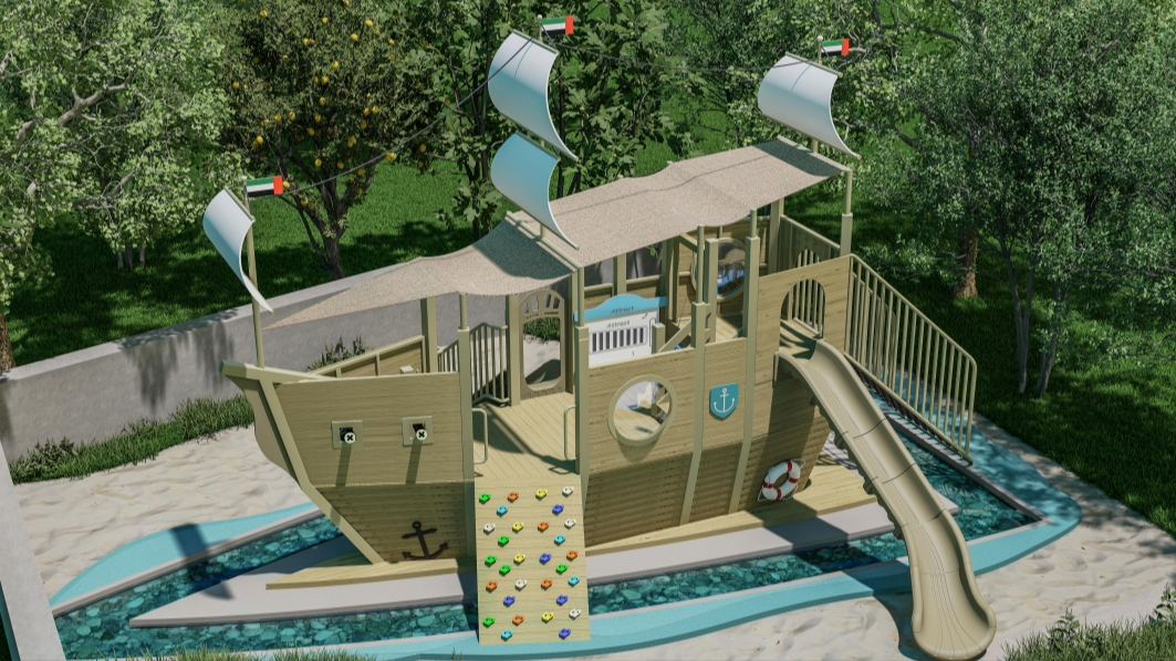 Equipamiento de Parque Infantil Barco Pirata con Tobogán y Zona de Aventura para Niños