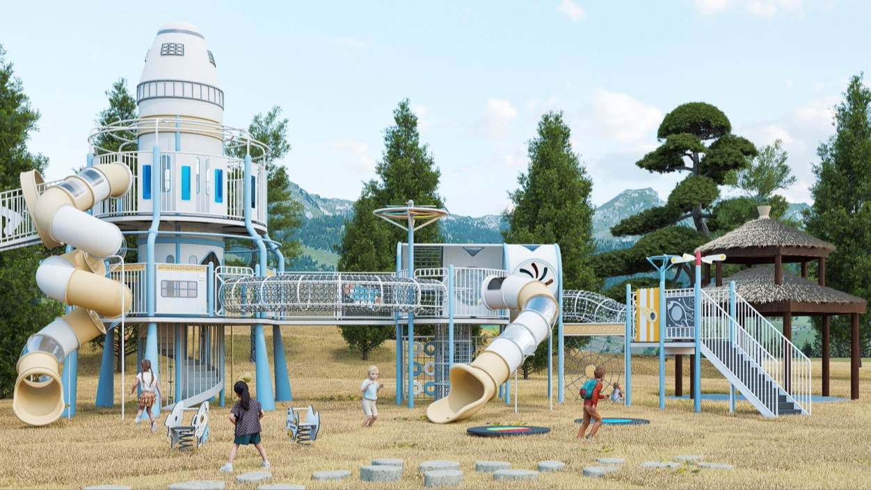 Parque Infantil Temático Espacial con Toboganes y Estructura de Escalada