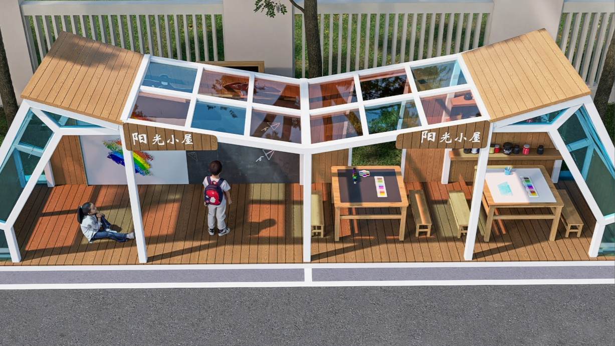 Aula exterior modular de vidrio con iluminación natural